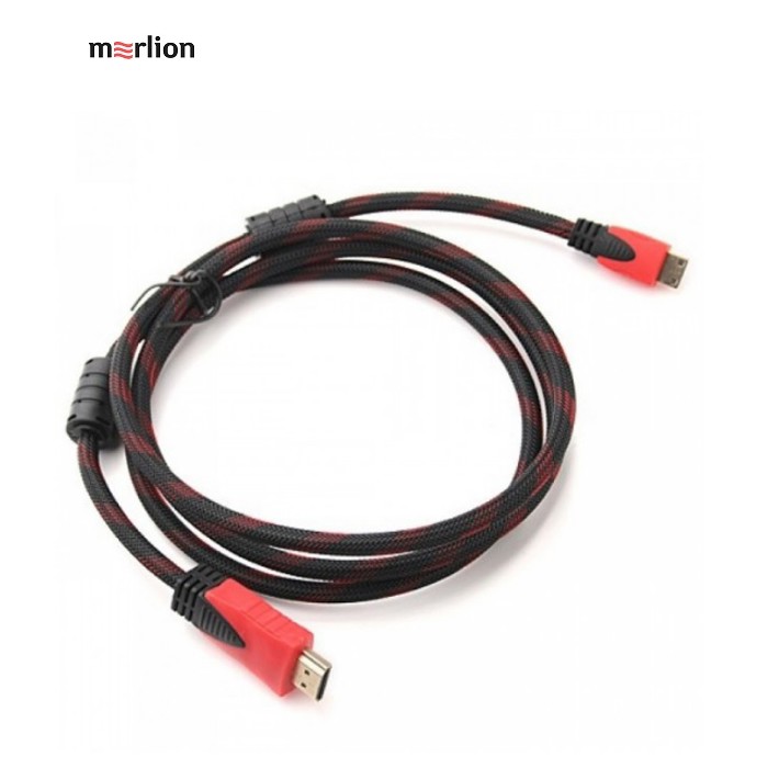 Кабель Merlion HDMI-HDMI 2.0m, v1.4, OD-7.4mm, 2 фільтра, обплетення, круглий Black / RED, коннектор RED / Black, (Пакет), Q120