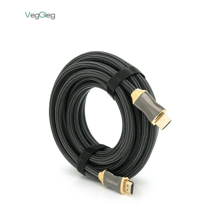 Кабель VEGGIEG HX-8 HDMI-HDMI 2K * 4K, 8.0m, v2,0, OD-8.0mm, круглий, обплетення, Black, коннектор Black-Gold, Box