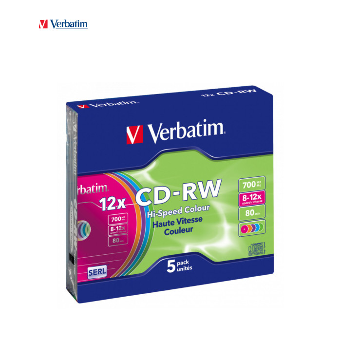 Диск CD Verbatim CD-RW 700Mb 12X SlimBox 5шт Color (43167)
