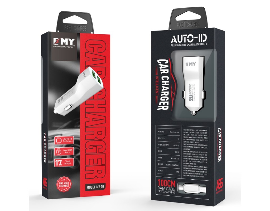 Набір 2 в 1 АЗУ With Micro-Usb Cable DC12-24V MY-30, 2 x USB, 5V / 12W, Output: 5V / 2.4A, White, Blister- box