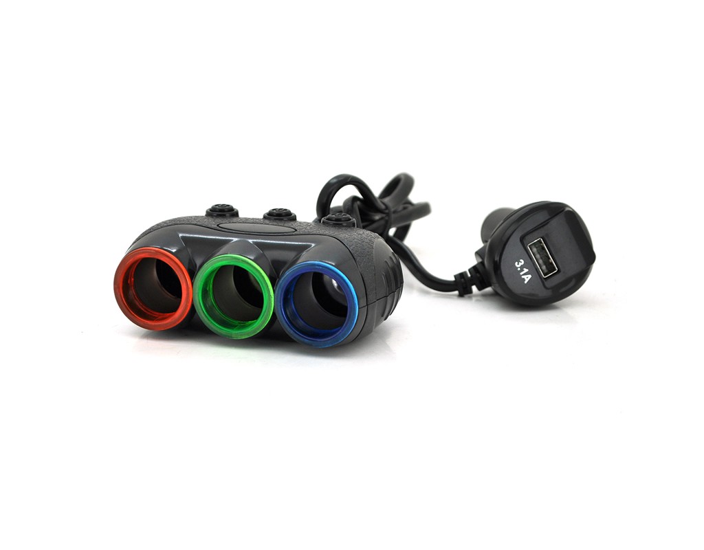 АЗУ розгалужувач + вольтметр Olesson 1633, 12V-3 * 12V + USB, Black, Blister