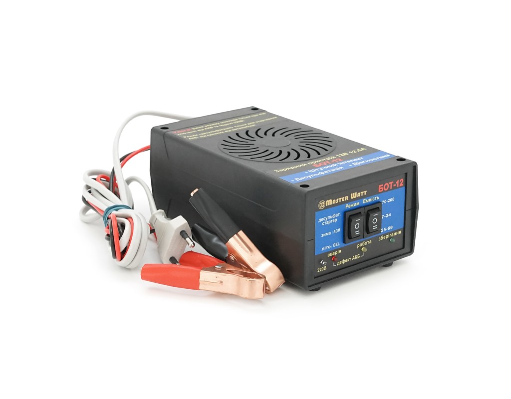 Десульфатирующее ЗУ БОТ-12 автоматичне для акумулятора 12V (7-200Ah) (MF, WET,AGM,GEL,CA / CA), 160-245V,Ток заряду 12,5А, крокодили в комплекті