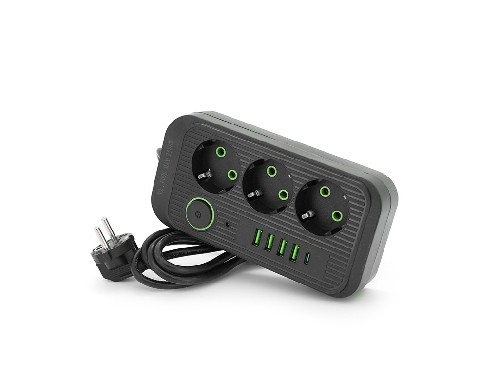 Фільтр Meilepai F09U, 3 розетки EU + 4 USB + 1PD, кнопка включення з індикатором, 2 м, 3х0,75мм, 2500W, Black, Box