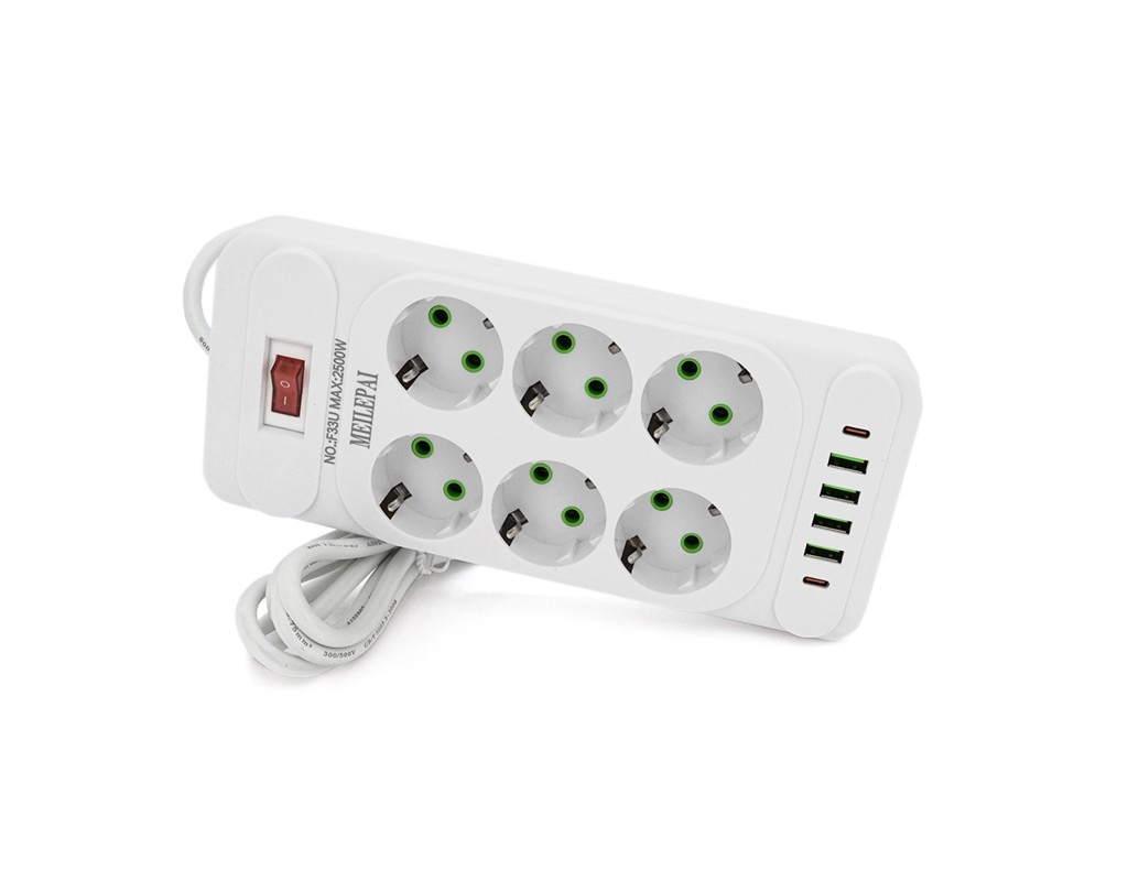 Мережевий фільтр Meilepai F33U, 6 розеток EU + 4 USB + 2 PD, кнопка включення з індикатором, 2 м, 3х0,75 мм, 2500W, White, Box