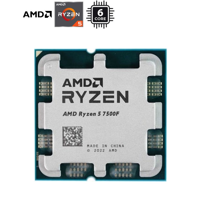 Процесор AMD Ryzen 5 7500F Tray+Cooler, AM5, 6 ядер, 12 потоків, 3.7 GHz, 5.0 GHz, Максимальний TDP - 65 Вт, 5nm, L1: 384KB, L2: 6MB, L3 Zen 4, підтримка Turbo Boost 100-100000597MPK