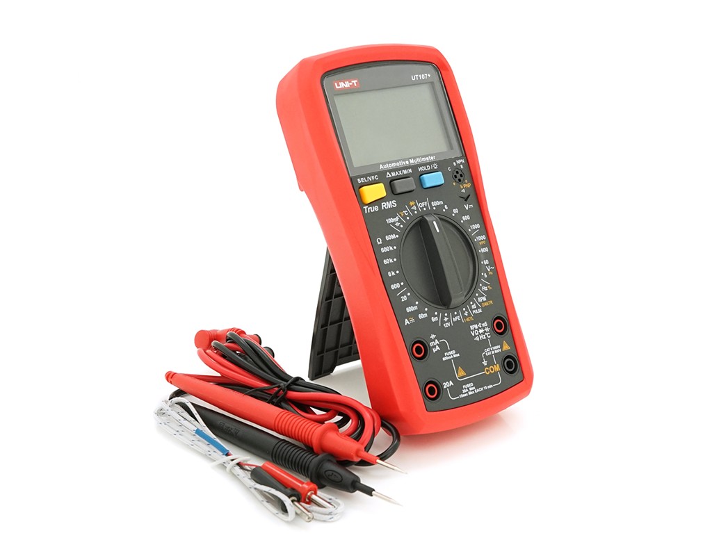 Мультиметр UNI-T UT107+: автомобільний True RMS. 1000V / 10A, VFC, вимірювання V,A,&Omega;,C,Гц,температури, обороти двигуна. 183x88x56 мм. 348 г.