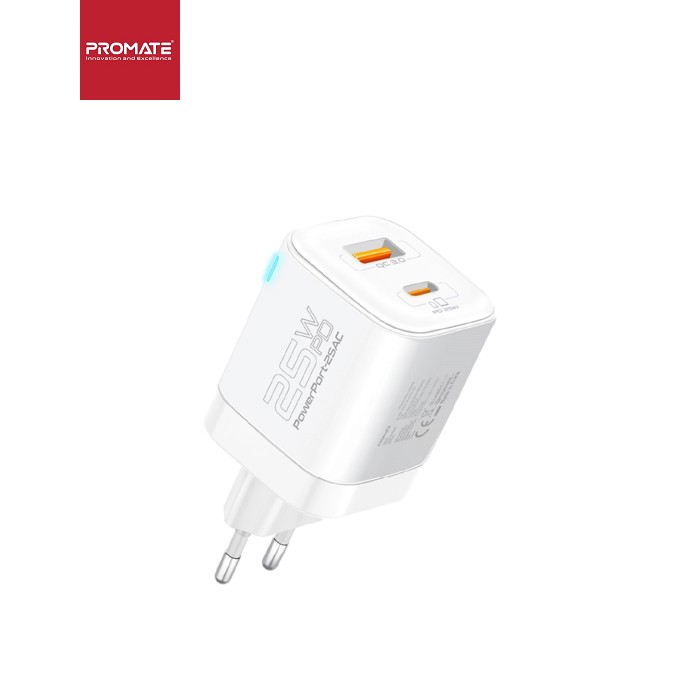 Зарядное устройство Promate USBC PD25W + USBA QC3.0 18W White (powerport-25ac.white)