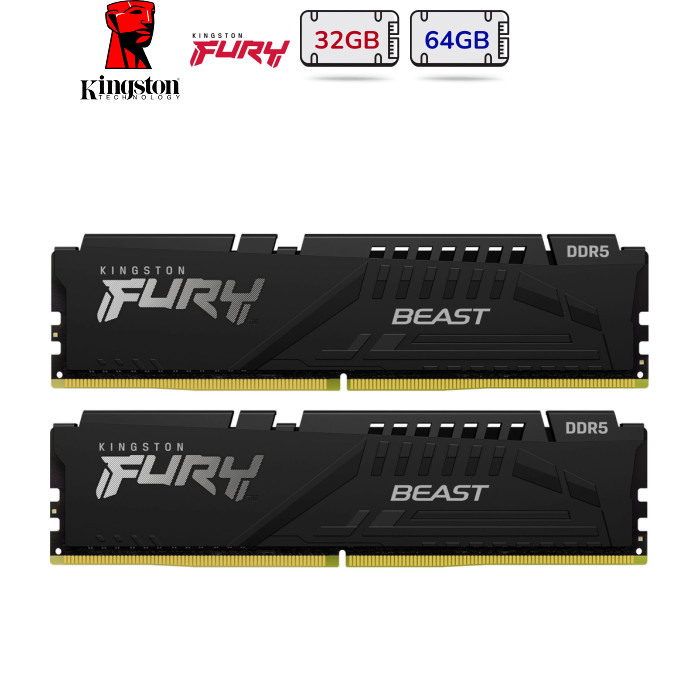 Модуль пам'яті для комп'ютера DDR5 64GB (2x32GB) 6400 MHz Beast Black EXPO Kingston Fury (ex.HyperX) (KF564C32BBEK2-64)