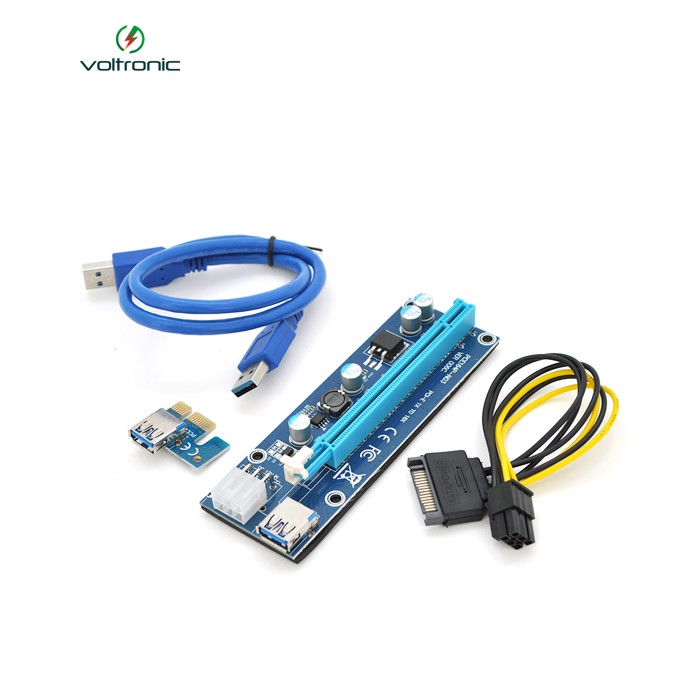 Riser PCI-EX, x1=>x16, 6-pin, SATA=>6Pin, USB 3.0 AM-AM 0,6 м (синій), конденсатори 270, Пакет