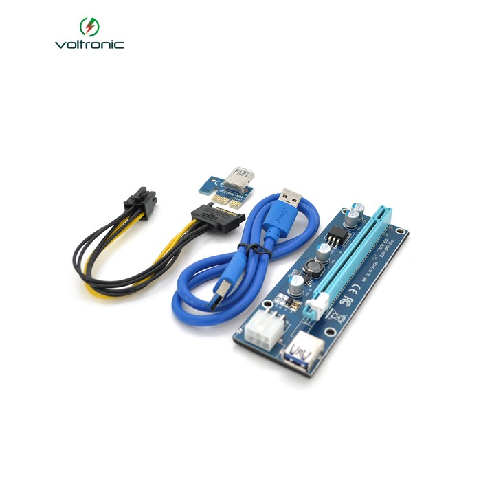 Riser PCI-EX, x1=>x16, 6-pin, SATA=>6Pin, USB 3.0 AM-AM 0,6 м (синій), конденсатори FP5K, Пакет