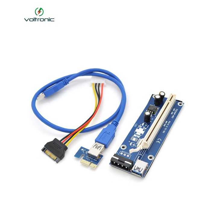 Riser PCI-EX, x1 => x16, 4-pin MOLEX, SATA => 4Pin, USB 3.0 AM-AM 0,6 м (синій), конденсатори CS 220 16V, Пакет