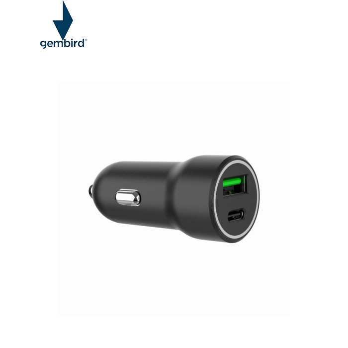 Зарядное устройство Gembird 1xUSB-A (18W QC3.0) + 1xUSB-C (20W PD) black (TA-UC-A2PDQC20-CAR-01)