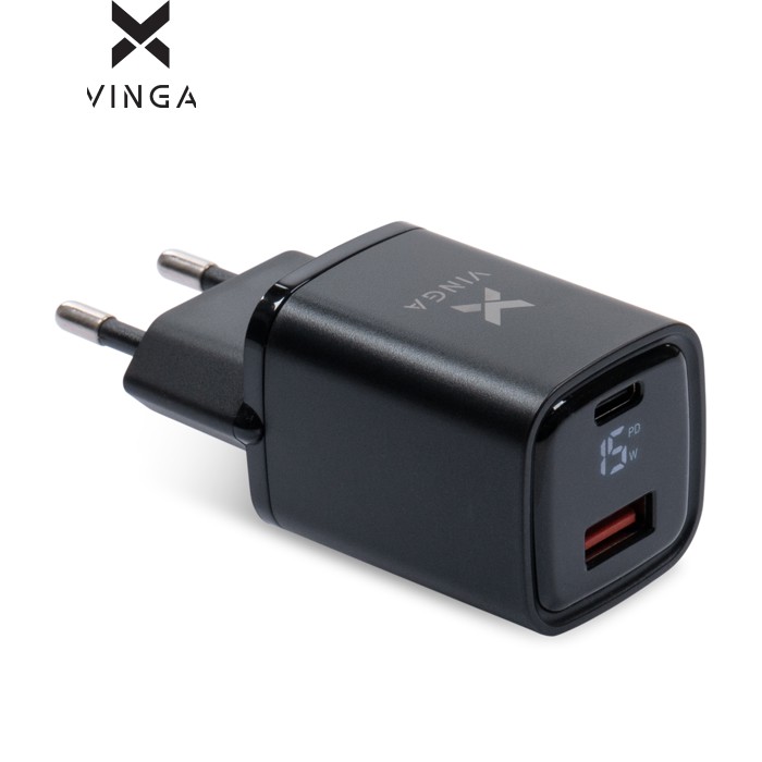 Зарядное устройство Vinga USB-C PD30W + USB-A QC30W Display 33W Max (VCR30ACDB)