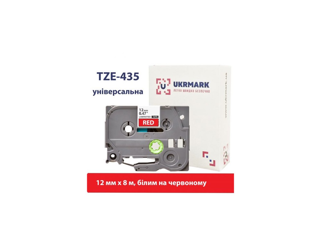 Лента для принтера этикеток UKRMARK B-T435P, ламинированная, 12мм х 8м, white on red, аналог TZe435 (900784)