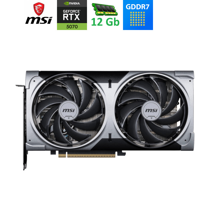 Видеокарта MSI RTX 5070 12Gb VENTUS 2X OC (RTX 5070 12G VENTUS 2X OC) GDDR7, 192 Bit, Boost - 2542 MHz, 3 x DisplayPort 2.1a, 1 x HDMI 2.1b, 16 pin, 250 Вт, 236 x 126 x 50 мм