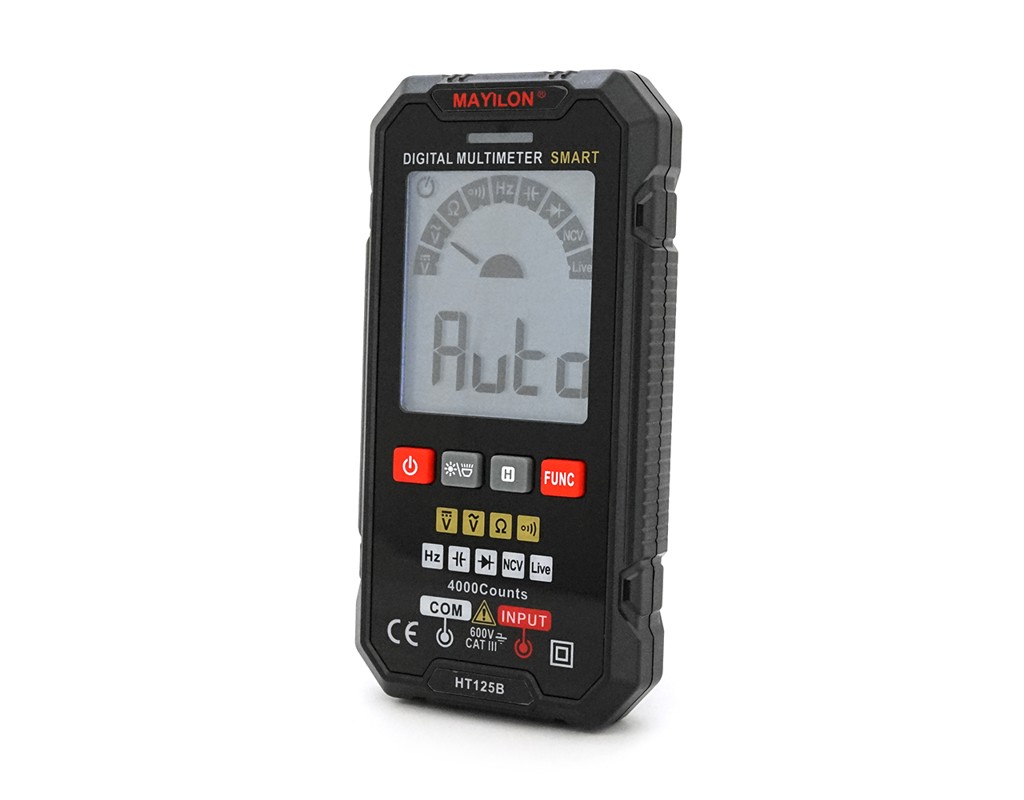 Мультиметр Mayilon HT-125B. Вимірювання: V, A, &Omega;, C, F, %, NCV. Функції: True RMS, продзвонювання, тест діодів (включаючи світлодіоди), детектор фази (LIVE).