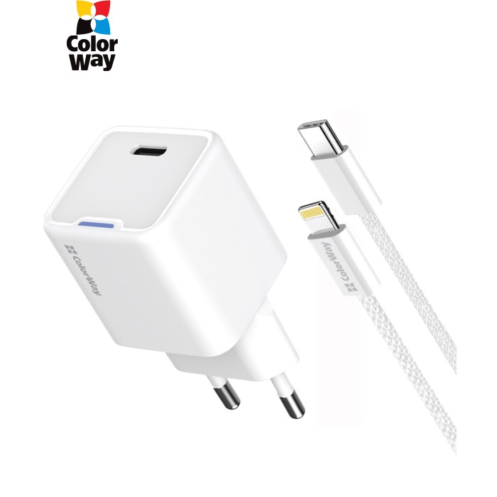 Зарядний пристрій ColorWay C101D GaN Mini 20W PD PPS USB-C + cable USB-C to Lightning white (CW-CHS059PDL-WT)