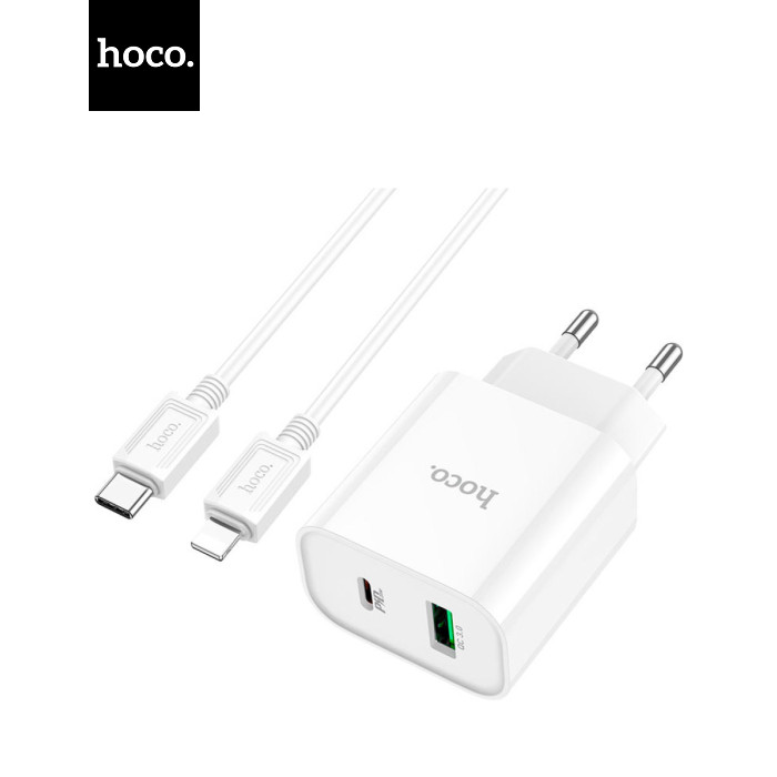 Зарядное устройство HOCO C80A Plus Rapido 1xUSB-C PD20W + 1xUSB QC3.0 + cable USB-C to Lightning White (6931474779892)