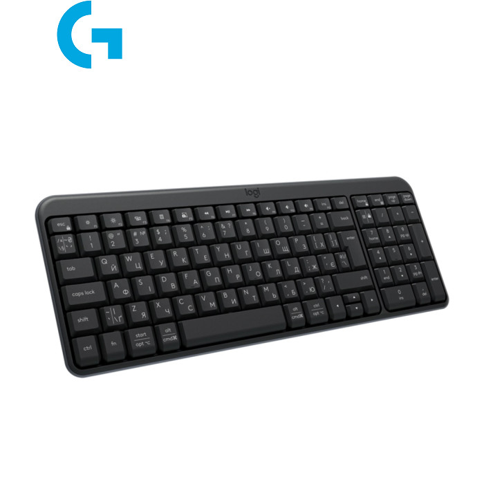 Беспроводная клавиатура Logitech K250 Bluetooth UA Graphite (920-013822) мультимедийная, мембранная, беспроводная, Bluetooth, полноразмерная, английская, украинская, Клавиш - 100, влагоустойчивость, 370 х 140 х 23 мм, 380 г