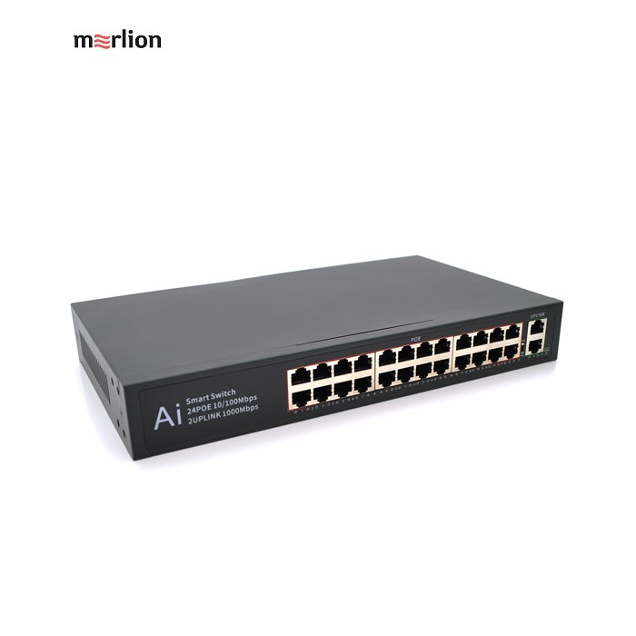 POE комутатор Merlion 24 POE 10 / 100 + 2 RJ45 10 / 100 / 1000+ вбудований блок живлення 52V 5.8A