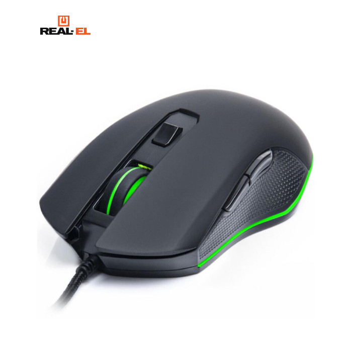 Мышь Real-El RM-550 USB Black (EL123200027) Ігрові, для комп'ютера, дротове, USB, оптичний, 2400 dpi, кількість кнопок - 5, велика, 125 x 68 x 42 мм, 125 г