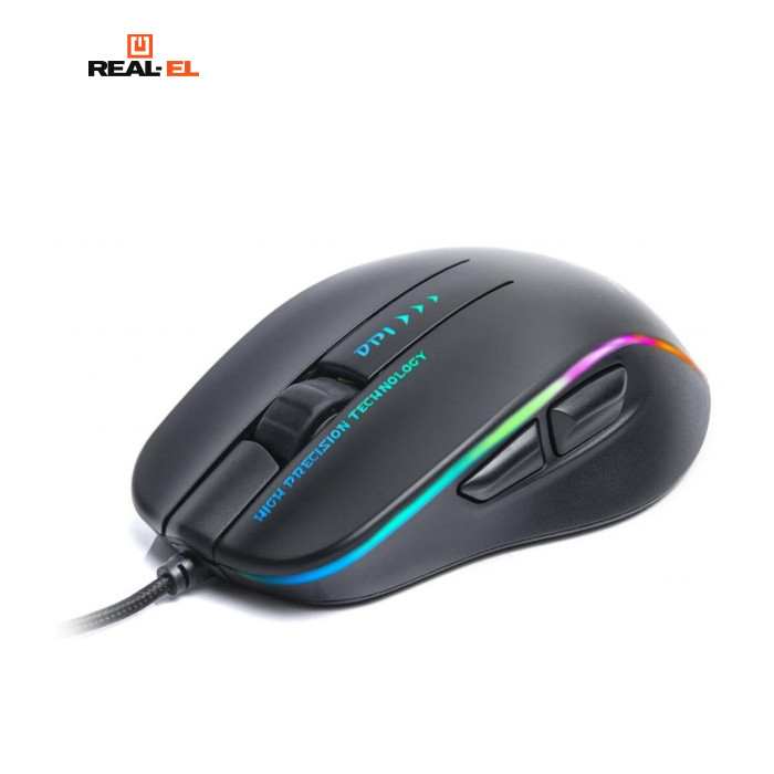 Миша Real-El RM-747 USB Black (EL123200028) Ігрові, Оригінальний дизайн, для комп'ютера, дротове, USB, оптичний, 4800 dpi, кількість кнопок - 5, велика, 132 х 75 х 45 мм, 130 г