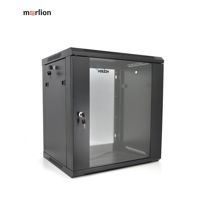 Шафа Merlion 12U, 600*450*634 (Ш*Г*В)мм загартоване скло, чорна, сталь 1,2мм з замком