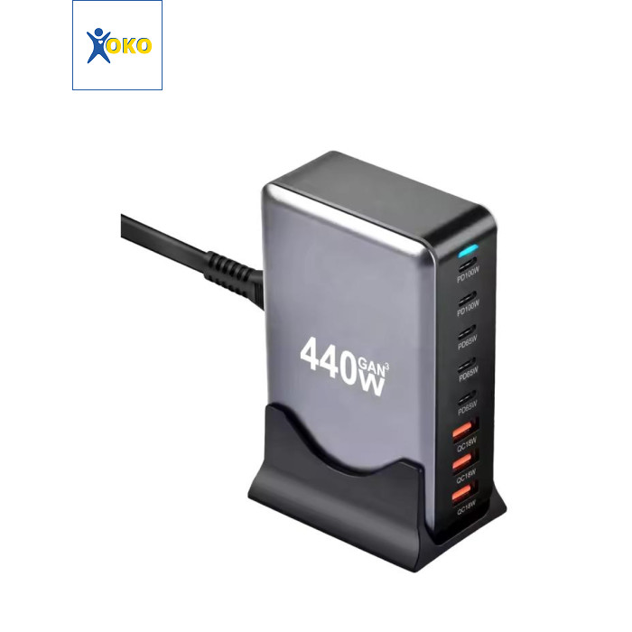 Зарядний пристрій XoKo 2xUSB-С PD100W + 3xUSB-С PD65W + 3xUSB QC18W 440W GaN (QC-400)