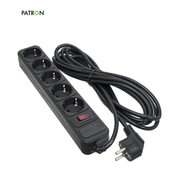 Мережевий фільтр живлення Patron 5.0 m3*1mm2 (SP-1055) 5 розеток BLACK (EXT-PN-SP-1055)