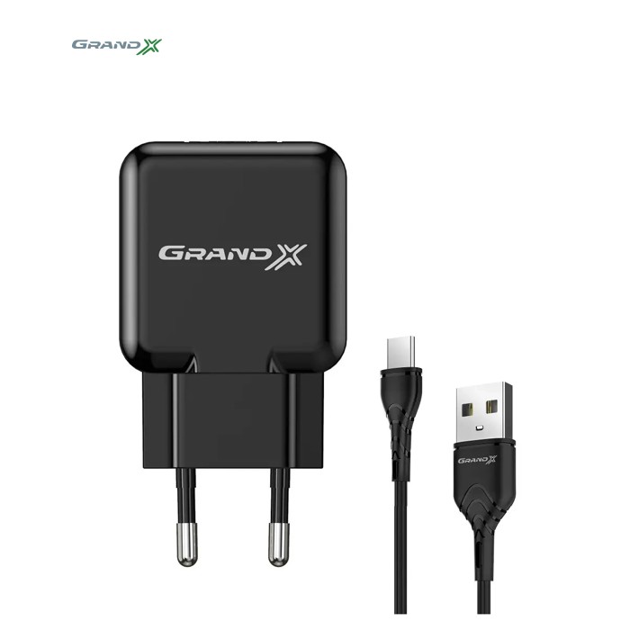 Зарядное устройство Grand-X USB 5V 2.1A + cable USB to USB-C black (CH-03T)