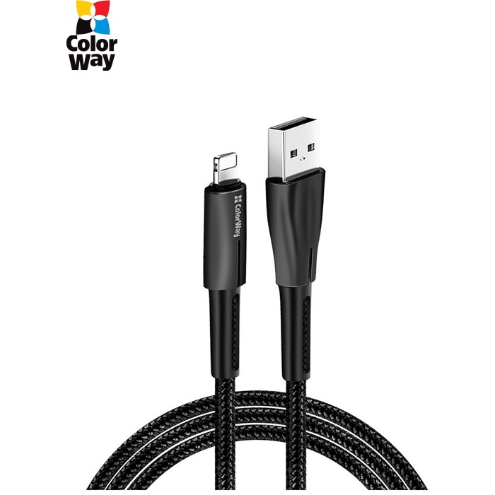 Дата кабель USB 2.0 AM to Lightning 1.0m zinc alloy + led black ColorWay (CW-CBUL035-BK)