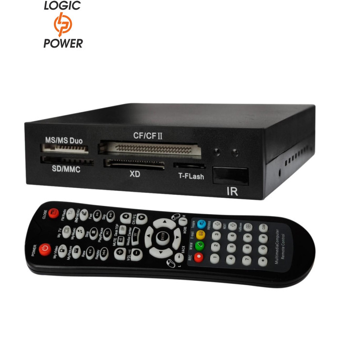 Кардридер внутрішній LogicPower (LF - X06D-IR) 3.5", USB 2.0, CF, CFII, M2, MMC, MS, MS Duo, SD, SDHC, T-Flash card, XD Комплектація: • кардрідер • пульт • інструкція • 4 гвинти для кріплення