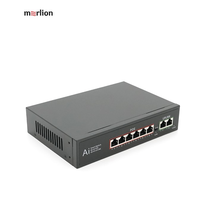 POE комутатор гігабітний Merlion 6 POE 10 / 100 / 1000 + 2 RJ45 10 / 100 / 1000 вбудований блок живлення 52V 2.3A