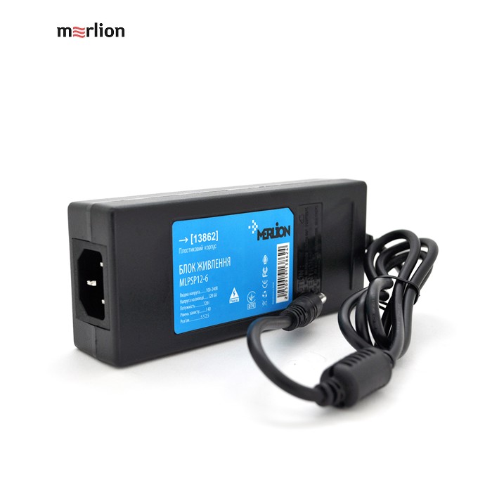 Імпульсний адаптер живлення Merlion MLPSP12-6, 12В 6А (72Вт) штекер 5,5 / 2,5 + шнур живлення
