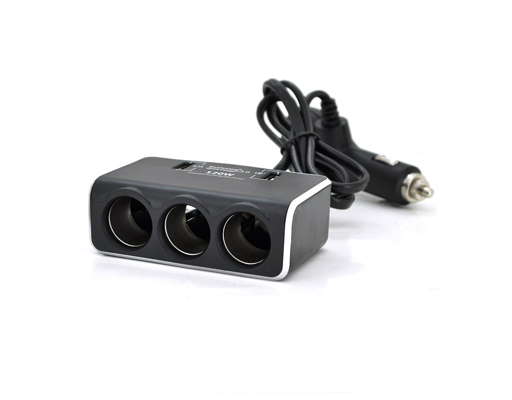 АЗП розгалужувач + вольтметр Olesson 1639, 12V-3 * 12V + 2 * USB, Black, Blister