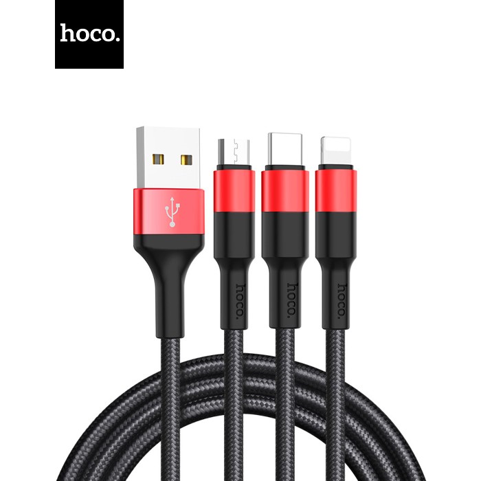 Кабель HOCO X26 USB-1 3 in 1 Micro / Iphone / Type-C, 2A, довжина 1м, Black / Red, Box