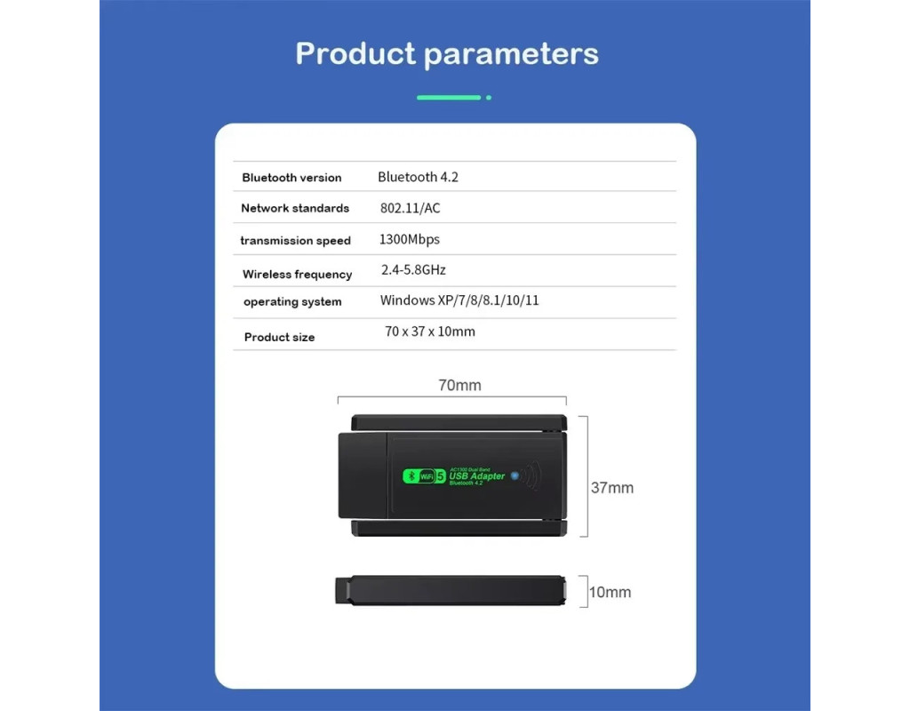 Cетевая карта Wi-Fi Voltronic WiFi 5 + Bluetooth 4.2, 1300 Mbps, 2.4G+5G 802.11ac, Bluetooth 4.2, USB3.0, внешние антенны 2х3 дБ