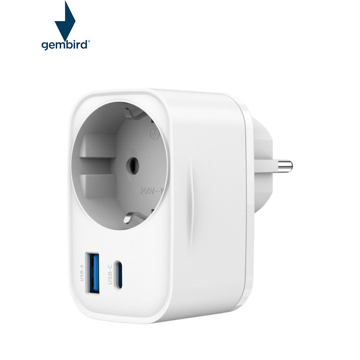 Зарядное устройство Gembird 1xUSB-C PD20W + 1xUSB QC3.0 + Schuko white (TA-ACPDQC20-01-W)
