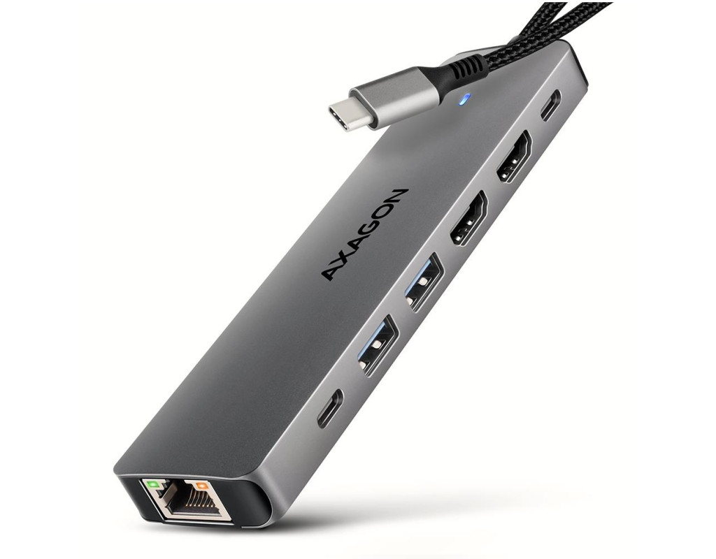 Концентратор AXAGON USBC to 2xUSBA + 1xUSBC + 2xHDMI + RJ45 + PD100W 0.15m gray (HMC-7HX2)