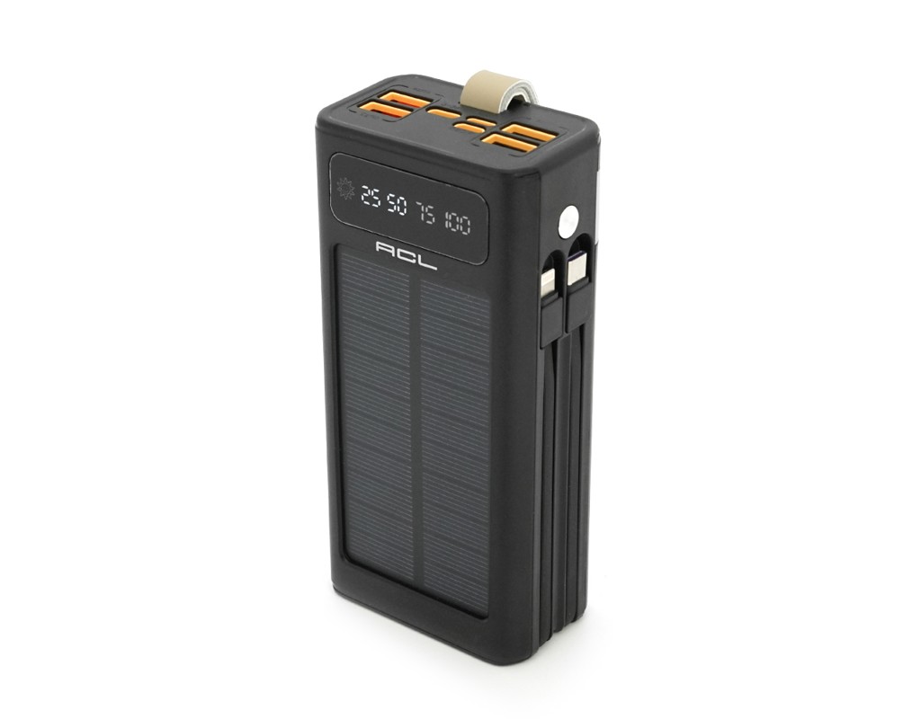 Powerbank ACL PW-90 30000mAh, SOLAR, Кабель TypeC + Lighting, 0,72kg, Black, Box