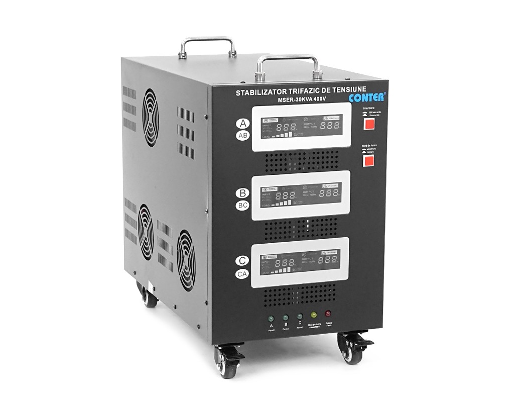 Стабілізатор напруги Conter MSER-30KVA / 24KW- 400V-V2 трифазний, сервопривід, монтажу підлоги, LED дисплей, діапазон 225-450V, AC400±3%, колодка, 302x542x415 mm, 58kg
