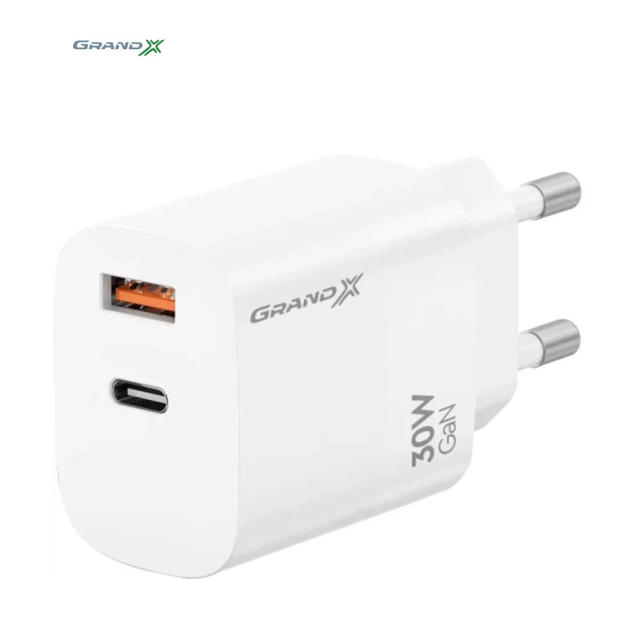 Зарядний пристрій Grand-X GaN 1xUSB-C + 1xUSB QC3.0 36W white (CH-360W)