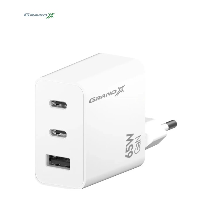 Зарядное устройство Grand-X GaN 2xUSB-C + 1xUSB 65W PD3.0 QC4.0 AFC SCP FCP white (CH-990W)