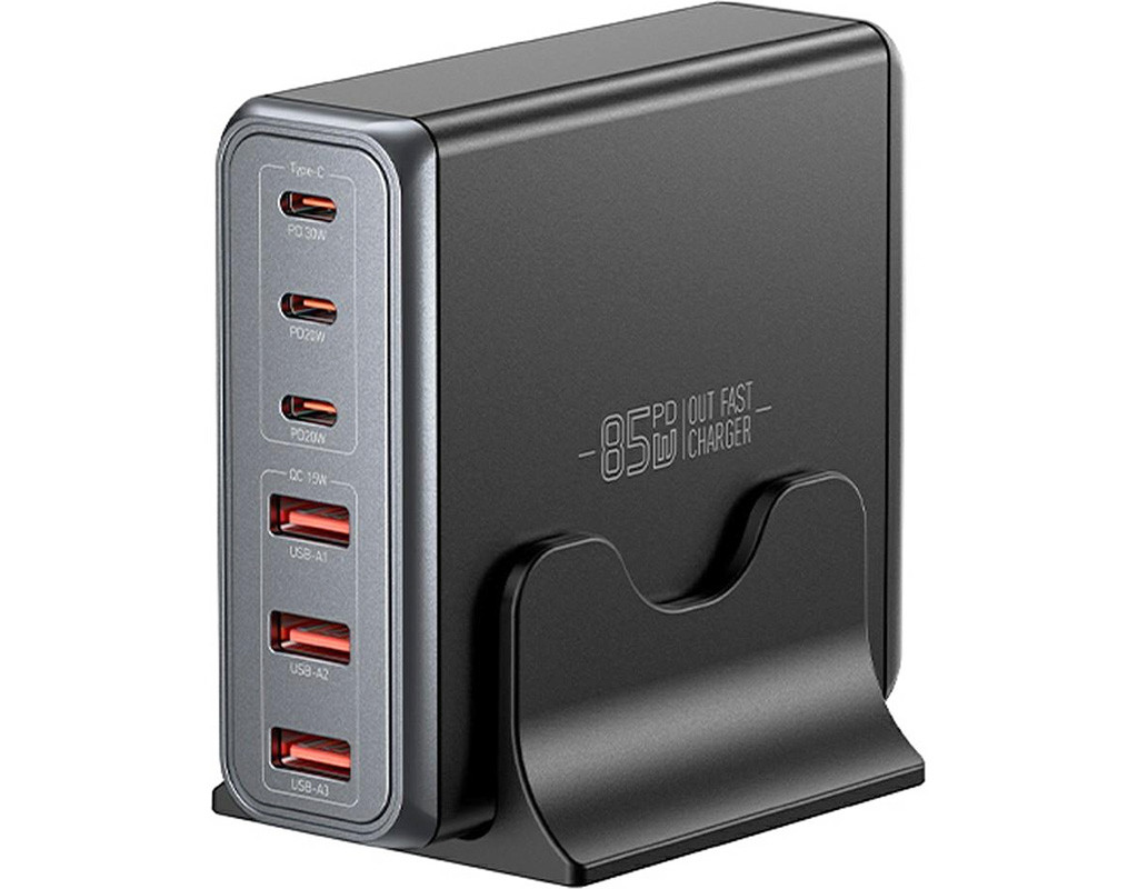 Зарядное устройство Essager 3xUSB-C + 3xUSB-A 85W GaN black (EZC85W-SXB0G-Z)