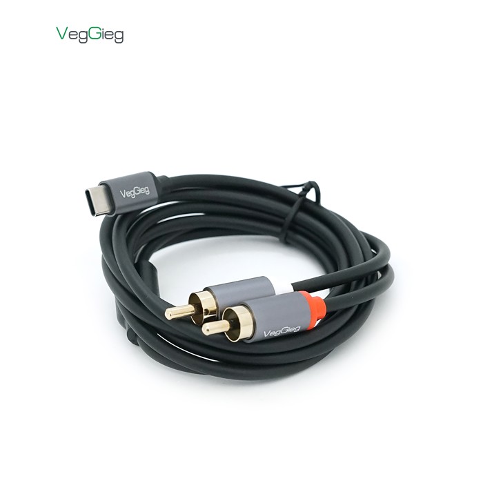 Кабель VEGGIEG V-A621 TypeC => 2хRCA (тато), GOLD Jack, круглий, Gray, 1.5 м, Пакет