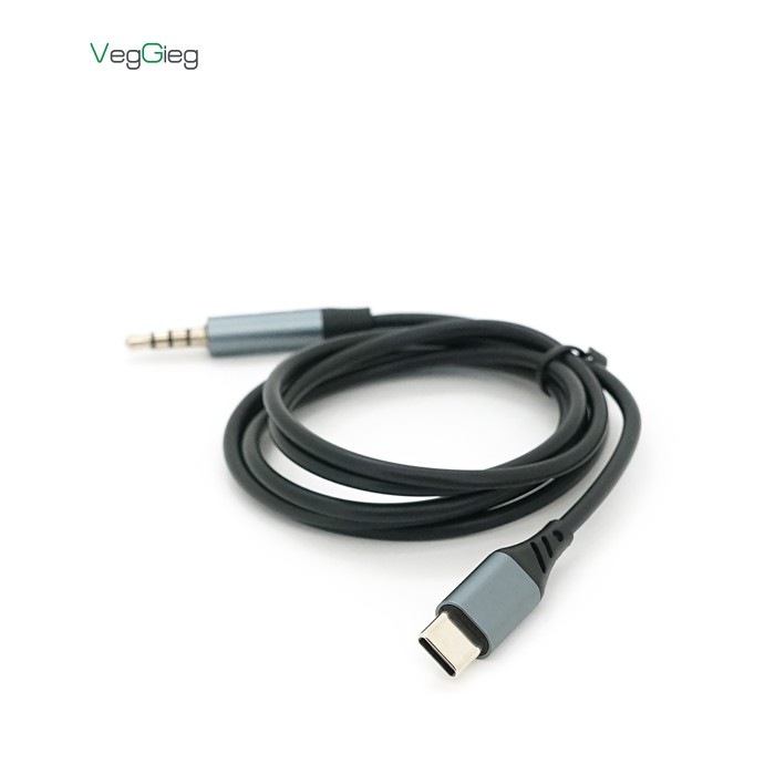 Кабель VEGGIEG V-A624 TypeC => 3.5mm (тато), GOLD Jack, круглий, Gray, 1м, Пакет