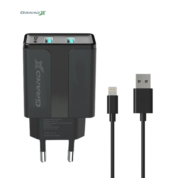 Зарядний пристрій Grand-X 5V 2,1A Black + cable USB-Lightning (CH15LTB)