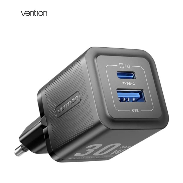 Зарядний пристрій Vention 1xUSB-C PD30W + 1xUSB QC3.0 30W GaN + cable USB-C to USB-C 1.0m black (TZ-FEQB0-EU-01)