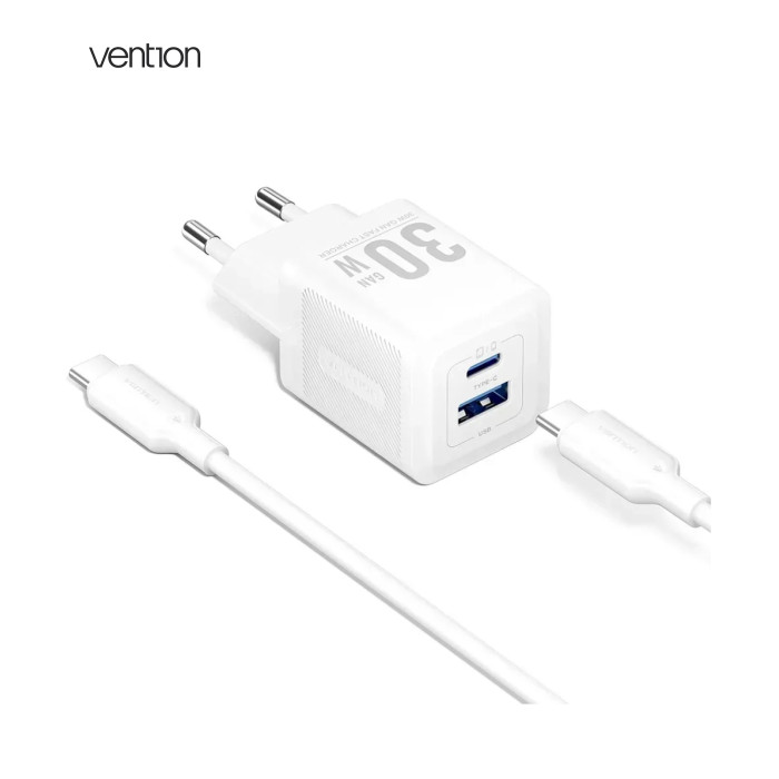 Зарядное устройство Vention 1xUSB-C PD30W + 1xUSB QC3.0 30W GaN + cable USB-C to USB-C 1.0m white (TZ-FEQW0-EU-01)