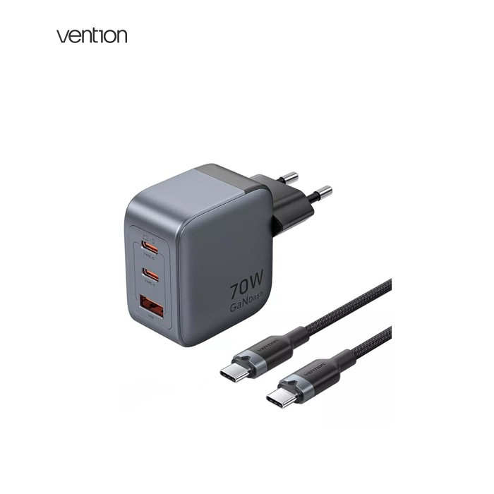 Зарядний пристрій Vention 2xUSB-C PD70W + 1xUSB QC3.0 22.5W GaN + cable USB-C to USB-C 1.0m black gray (TZ-FEXH0-EU)